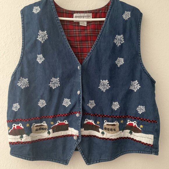 VINTAGE DRESS BARN HOLIDAY SNOWFLAKE DENIM VEST PLUS - Picture 3 of 7